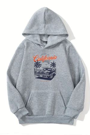 Unisex Gri Kapüşonlu Sweatshirt – California Araba Baskılı,Şardonlu Kalın Kumaş