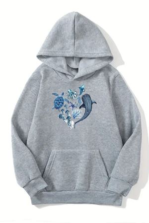 Unisex Gri Kapüşonlu Sweatshirt – Deniz Hayvanları Baskılı, Şardonlu Kalın Kumaş