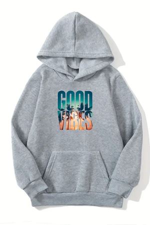 Unisex Gri Kapüşonlu Sweatshirt – Good Vibes Baskılı, Şardonlu Kalın Kumaş