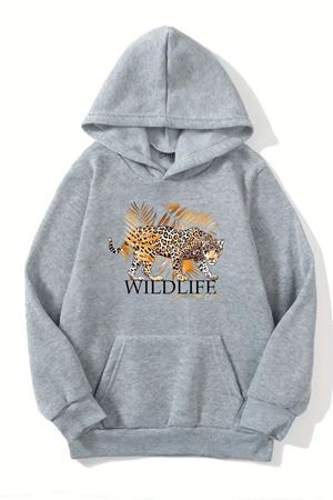 Unisex Gri Kapüşonlu Sweatshirt – Wıldlıfe Baskılı, Şardonlu Kalın Kumaş