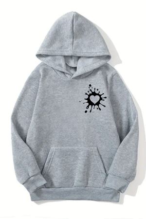 Unisex Gri Kapüşonlu Sweatshirt – Modern Kalp Desenli,Şardonlu Kalın Kumaş