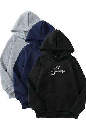 3'lü Kapüşonlu Sweatshirt Seti- Be.You.Tiful Baskılı- Siyah, Lacivert, Gri - Kışlık Şardonlu Kumaş