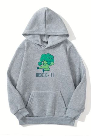 Unisex Gri Kapüşonlu Sweatshirt – Brocco Lee Baskılı, Şardonlu Kalın Kumaş