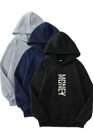 3'lü Kapüşonlu Sweatshirt Seti- Money Baskılı- Siyah, Lacivert, Gri - Kışlık Şardonlu Kumaş