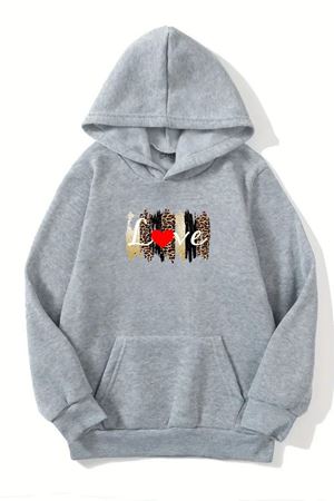 Unisex Gri Kapüşonlu Sweatshirt – Love Leopar Baskılı,Şardonlu Kalın Kumaş