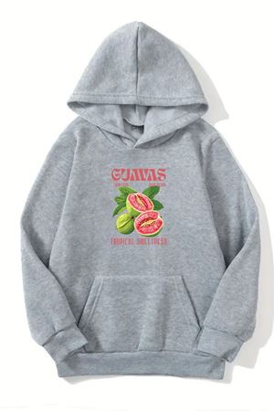 Unisex Gri Kapüşonlu Sweatshirt – Guavas Baskılı, Şardonlu Kalın Kumaş