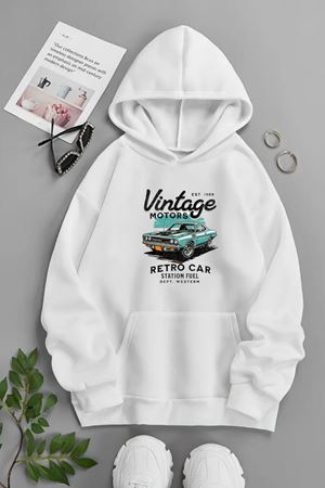 Unisex Beyaz Kapüşonlu Sweatshirt – VİNTAGE RETRO CAR ,Baskılı Şardonlu Kalın Kumaş