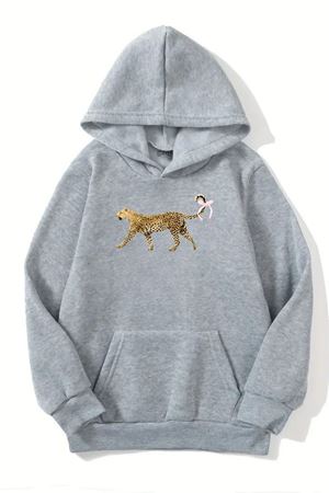 Unisex Gri Kapüşonlu Sweatshirt – Leopar Baskılı, Şardonlu Kalın Kumaş