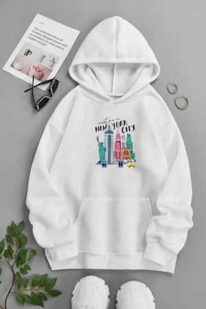 Unisex Beyaz Kapüşonlu Sweatshirt – NEW YORK CİTY ,Baskılı Şardonlu Kalın Kumaş