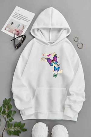 Unisex Beyaz Kapüşonlu Sweatshirt – RENKLİ KELEBEKLER ,Baskılı Şardonlu Kalın Kumaş