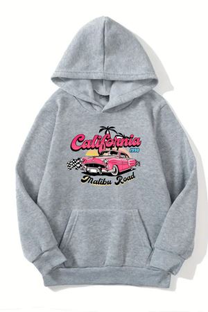 Unisex Gri Kapüşonlu Sweatshirt – California Malibu Baskılı, Şardonlu Kalın Kumaş