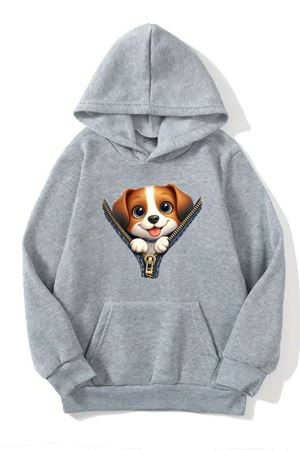 Unisex Gri Kapüşonlu Sweatshirt – Zip Dog Baskılı, Şardonlu Kalın Kumaş