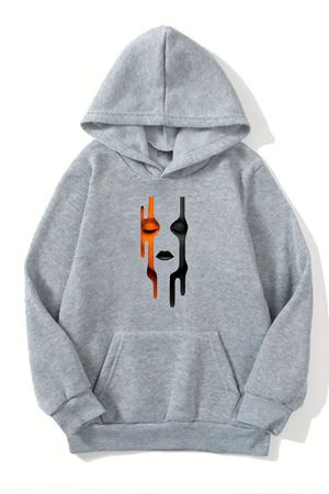 Unisex Gri Kapüşonlu Sweatshirt – Yüz Desen Baskılı, Şardonlu Kalın Kumaş