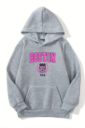 Unisex Gri Kapüşonlu Sweatshirt – Boston Usa Baskılı, Şardonlu Kalın Kumaş