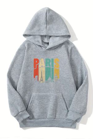 Unisex Gri Kapüşonlu Sweatshirt – Renkli Paris Baskılı,Şardonlu Kalın Kumaş