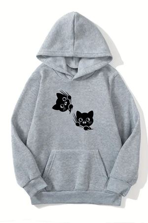 Unisex Gri Kapüşonlu Sweatshirt – Meraklı Kediler Baskılı, Şardonlu Kalın Kumaş