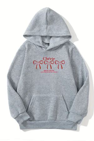Unisex Gri Kapüşonlu Sweatshirt – Cherie Kurdela Baskılı, Şardonlu Kalın Kumaş