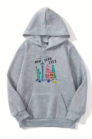 Unisex Gri Kapüşonlu Sweatshirt – New York Cıty Baskılı, Şardonlu Kalın Kumaş