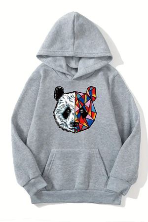 Unisex Gri Kapüşonlu Sweatshirt – Panda Çift Yüz Baskılı, Şardonlu Kalın Kumaş