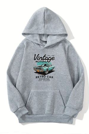 Unisex Gri Kapüşonlu Sweatshirt – Vintage Motor,Şardonlu Kalın Kumaş