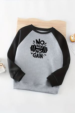 Unisex Gri-Siyah Reglan Sweatshirt – No Pain No Gain Baskılı, Uzun Kollu