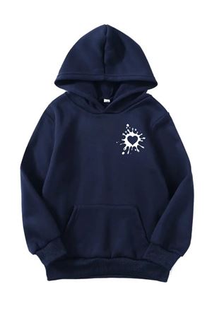 Unisex Oversize Şardonlu Kışlık Kalp Damla Baskılı Kapüşonlu Sweatshirt - Lacivert
