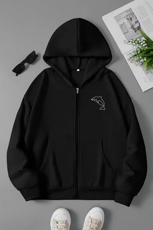Unisex Siyah Kapüşonlu Fermuarlı Sweatshirt – Yunus Balığı Minimal Baskılı, Şardonlu Kalın Kumaş