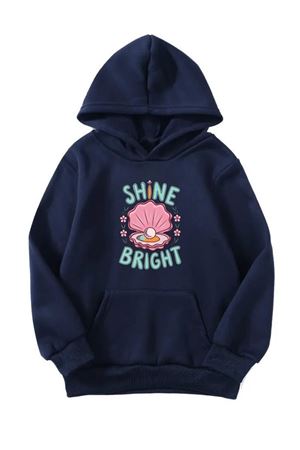 Unisex Oversize Şardonlu Kışlık Shine Brıght İnci Baskılı Kapüşonlu Sweatshirt - Lacivert