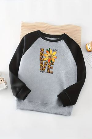 Unisex Gri-Siyah Reglan Sweatshirt – Love Çiçek Baskılı, Uzun Kollu