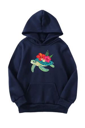 Unisex Oversize Şardonlu Kışlık Çiçekli Kaplumbağa Baskılı Kapüşonlu Sweatshirt - Lacivert