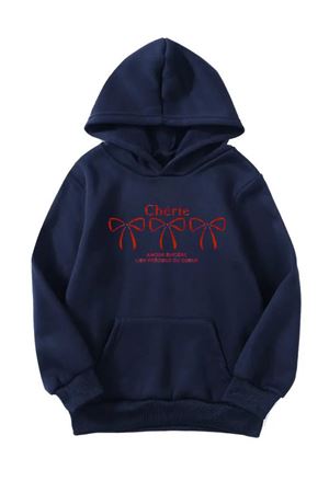 Unisex Oversize Şardonlu Kışlık Cherrie Kırmızı 3 Kurdela Baskılı Kapüşonlu Sweatshirt - Lacivert