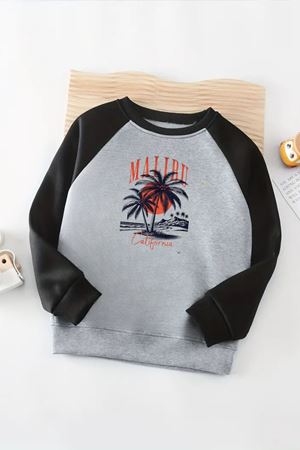 Unisex Gri-Siyah Reglan Sweatshirt – Malibu California Baskılı, Uzun Kollu