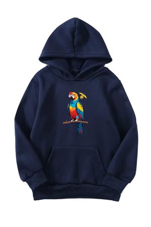 Unisex Oversize Şardonlu Kışlık Papağan Baskılı Kapüşonlu Sweatshirt - Lacivert
