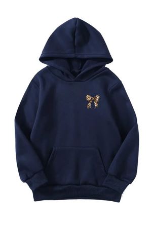 Unisex Oversize Şardonlu Kışlık Minimal Kurdela Leopar Baskılı Kapüşonlu Sweatshirt - Lacivert