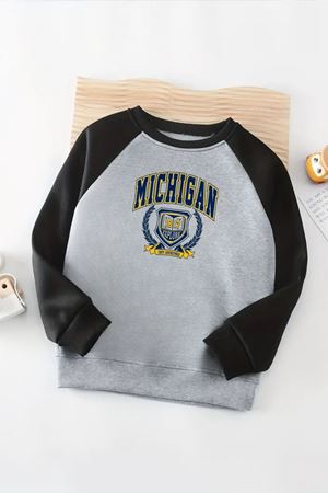 Unisex Gri-Siyah Reglan Sweatshirt – Michigan 1817 Baskılı, Uzun Kollu