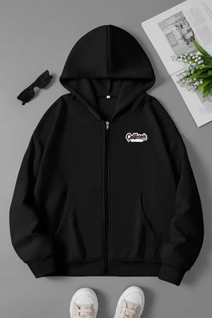 Unisex Siyah Kapüşonlu Fermuarlı Sweatshirt – California Minimal Baskılı, Şardonlu Kalın Kumaş