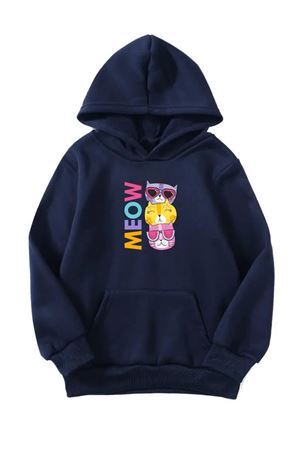 Unisex Oversize Şardonlu Kışlık Meow Tatlı Kedicikler Baskılı Kapüşonlu Sweatshirt - Lacivert