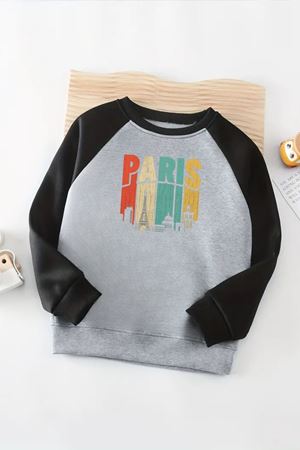 Unisex Gri-Siyah Reglan Sweatshirt – Paris Renkli Baskılı, Uzun Kollu