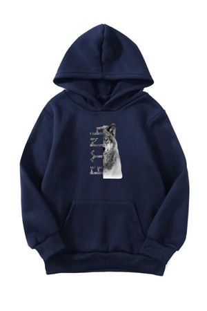 Unisex Oversize Şardonlu Kışlık Kurt Baskılı Kapüşonlu Sweatshirt - Lacivert