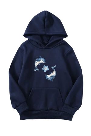 Unisex Oversize Şardonlu Kışlık İkili Yunusbalığı Baskılı Kapüşonlu Sweatshirt - Lacivert