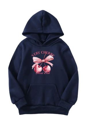 Unisex Oversize Şardonlu Kışlık Very Cherry Baskılı Kapüşonlu Sweatshirt - Lacivert