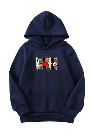 Unisex Oversize Şardonlu Kışlık Love Leopar Baskılı Kapüşonlu Sweatshirt - Lacivert