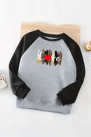 Unisex Gri-Siyah Reglan Sweatshirt – Leopar Love Baskılı, Uzun Kollu
