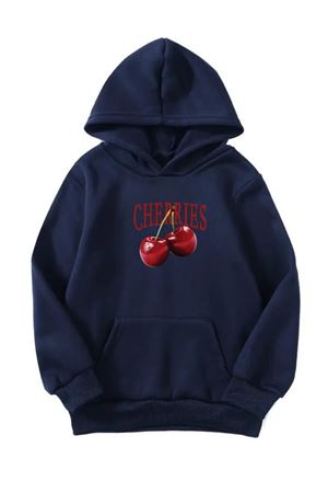 Unisex Oversize Şardonlu Kışlık Cherries Baskılı Kapüşonlu Sweatshirt - Lacivert