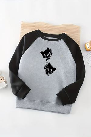 Unisex Gri-Siyah Reglan Sweatshirt – Meraklı Patiler Baskılı, Uzun Kollu