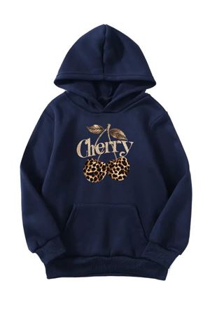 Unisex Oversize Şardonlu Kışlık Cherries Leopar Desenli Baskılı Kapüşonlu Sweatshirt - Lacivert