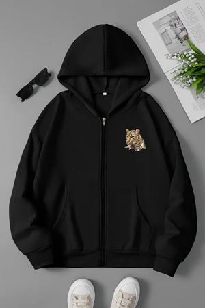 Unisex Siyah Kapüşonlu Fermuarlı Sweatshirt – Leopar Kurdela Baskılı, Şardonlu Kalın Kumaş