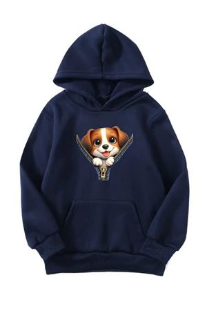 Unisex Oversize Şardonlu Kışlık Fermuar Köpek Baskılı Kapüşonlu Sweatshirt - Lacivert