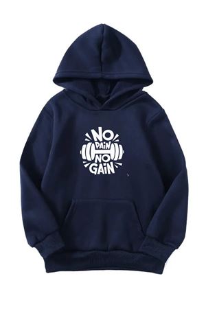 Unisex Oversize Şardonlu Kışlık No Pain No Gain Baskılı Kapüşonlu Sweatshirt - Lacivert