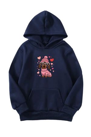 Unisex Oversize Şardonlu Kışlık Kalpli Köpek Baskılı Kapüşonlu Sweatshirt - Lacivert
